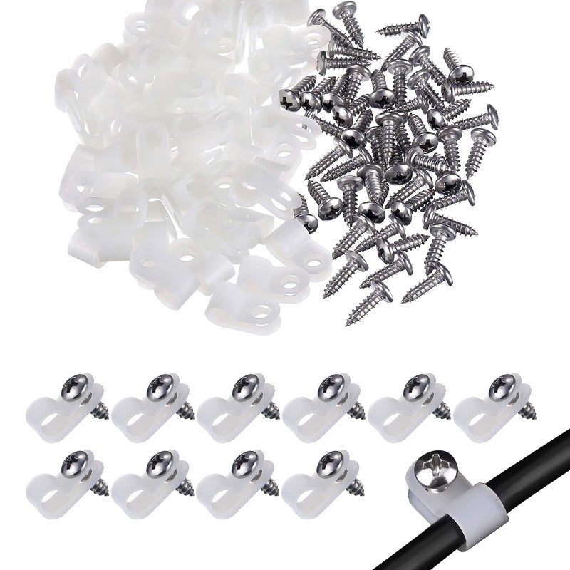 VIPMOON 100 Pcs 1/4 Inch R-Type Cable Clips Clamp Kit, Nylon Mounting Cord Fastener Clips with 100 Pack Screws for Indoor Outdoor Electrical Wire Management Organizer, White - Image 1
